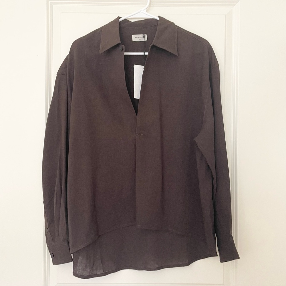 Simple Project Minimalist Oversized Brown Deep V-Neck Blouse shirt S - Picture 3 of 11